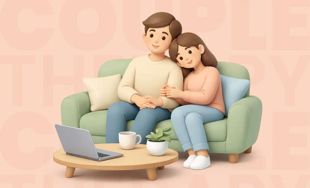 Illustrated couple sitting close together on a couch, holding hands and leaning in with calm warmth