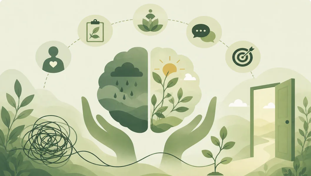 Sage-green illustration of a brain shifting from storm cloud to sunlit growth, held in cupped hands, an open door ahead