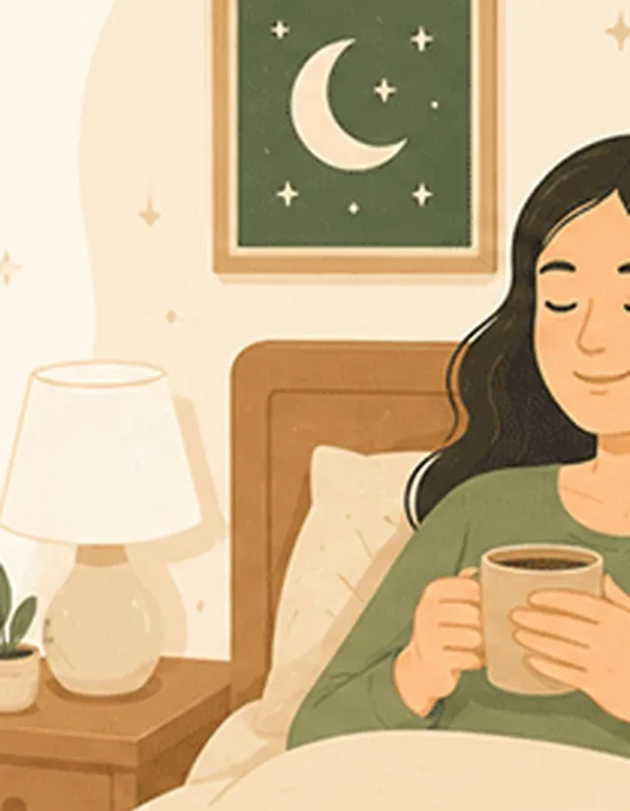 Illustration of a woman resting calmly in bed at night, eyes closed, holding a warm mug under a crescent moon