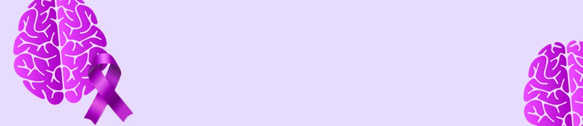 Purple Alzheimer's awareness ribbon beside a soft brain illustration on a calm lavender background