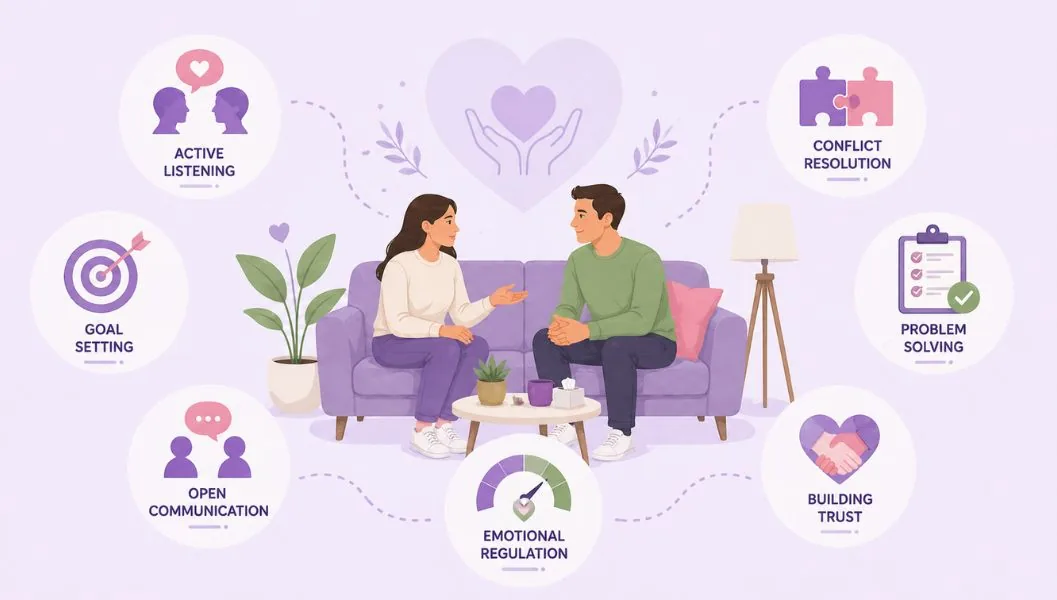 Two partners sit and talk calmly on a couch, surrounded by icons for listening, trust, and communication