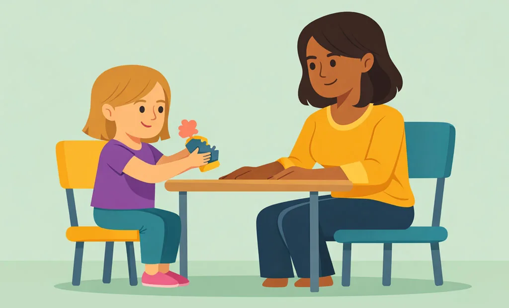 Calm illustration of a caring adult and a young person sitting together at a table in a warm, supportive moment