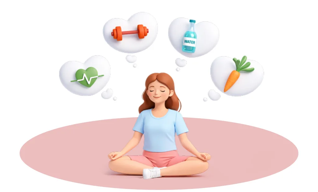 Calm person sitting peacefully with gentle thought-bubbles for exercise, water, and healthy eating
