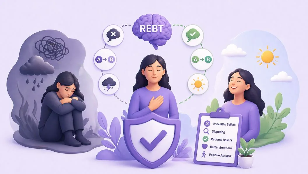 Calm illustration showing a person moving from low mood to hope, with the REBT brain and ABC model