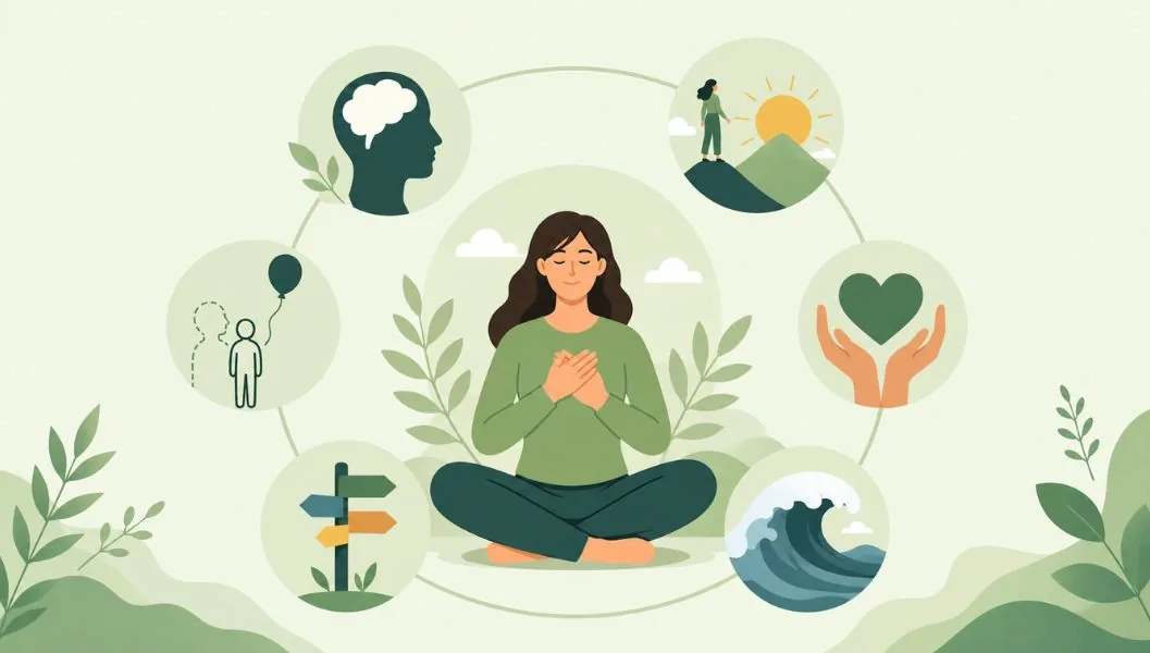Calm person sitting with a hand on her heart, surrounded by green leaves and gentle symbols of acceptance therapy