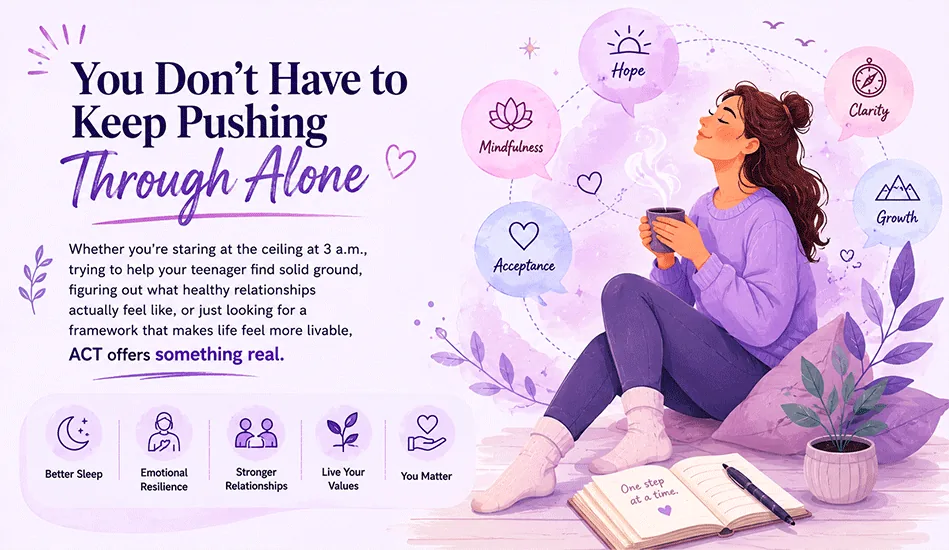 Calm illustrated woman resting with a warm drink, a gentle reminder caregivers do not have to push through alone.