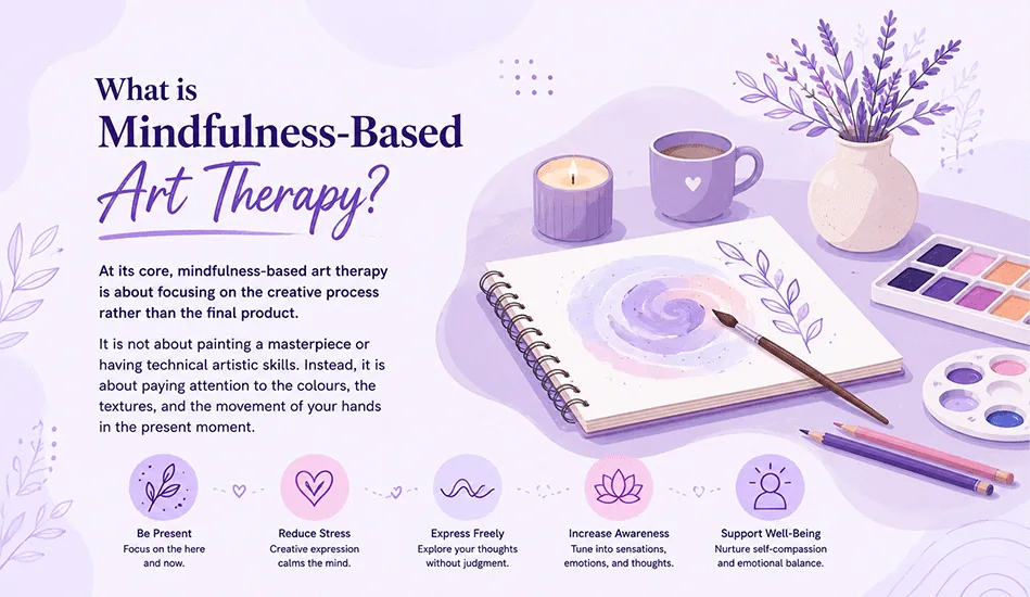 Calm flat-lay of an open journal, paintbrush, watercolour palette, lit candle, and lavender on a soft purple desk