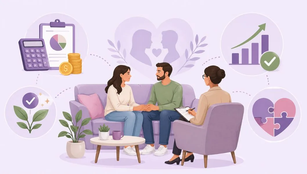 Couple holding hands on a couch during a calm therapy session with their registered therapist