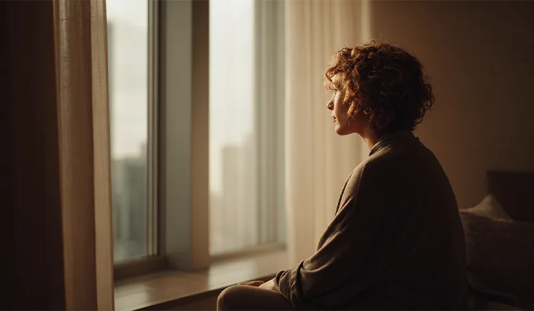 A person sits calmly by a window in soft warm light, looking out and reflecting quietly
