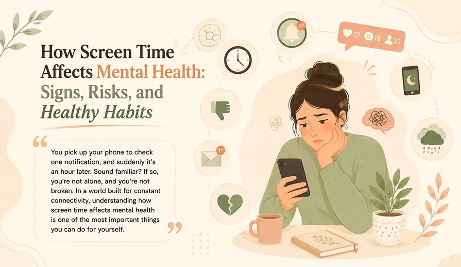 Calm woman sitting and gently holding her phone, with soft green doomscrolling and screen-time icons around her