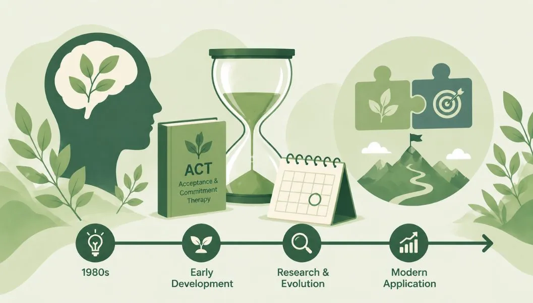 Soft green illustrated timeline of ACT therapy from the 1980s through early development, research, and modern use