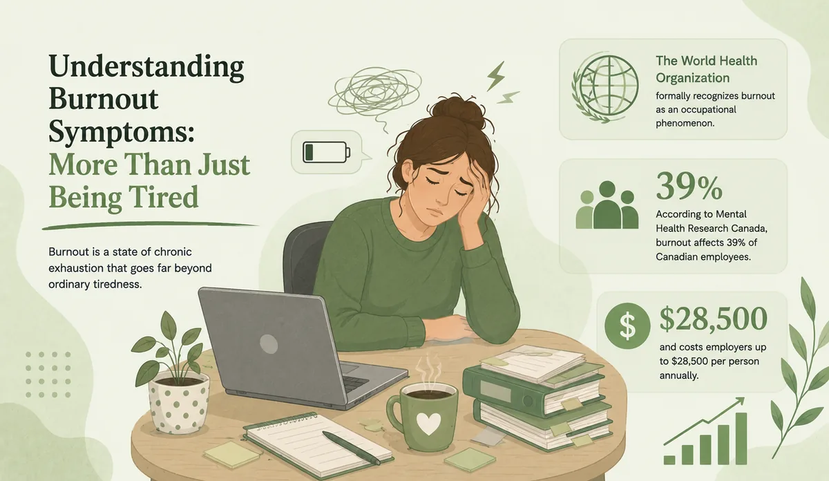 Tired woman resting her head at a quiet desk, drained even after a restful day