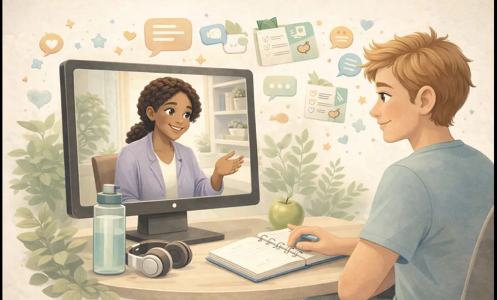 A person speaks calmly with a registered therapist on screen in a soft, plant-filled home space.
