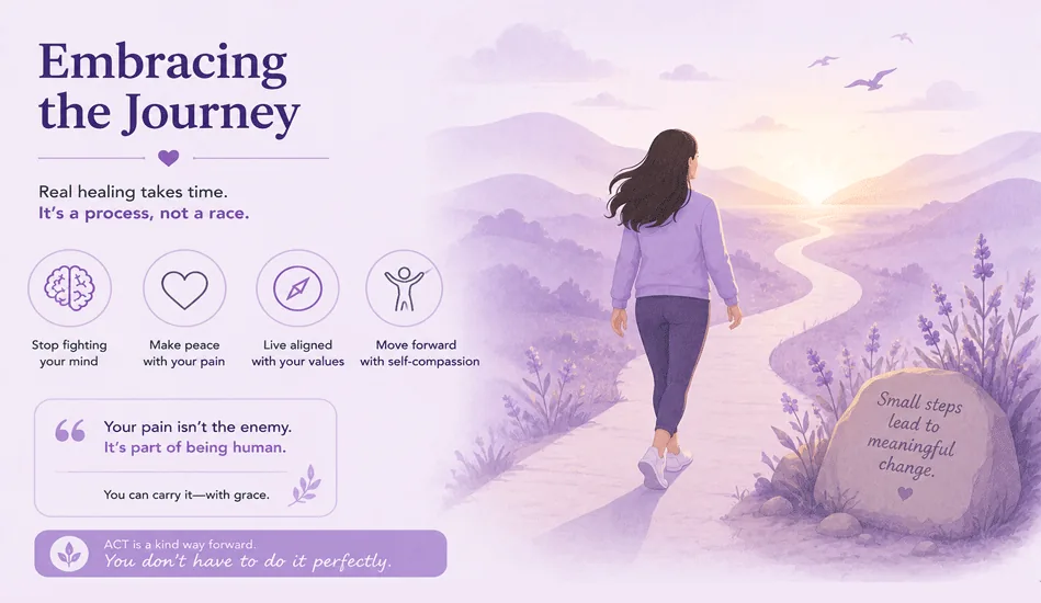 A person walks alone along a calm winding path toward light, suggesting recovery from emotional exhaustion.