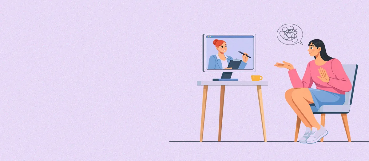 Calm illustration of a person in an online therapy session, tangled-thought bubble beside them
