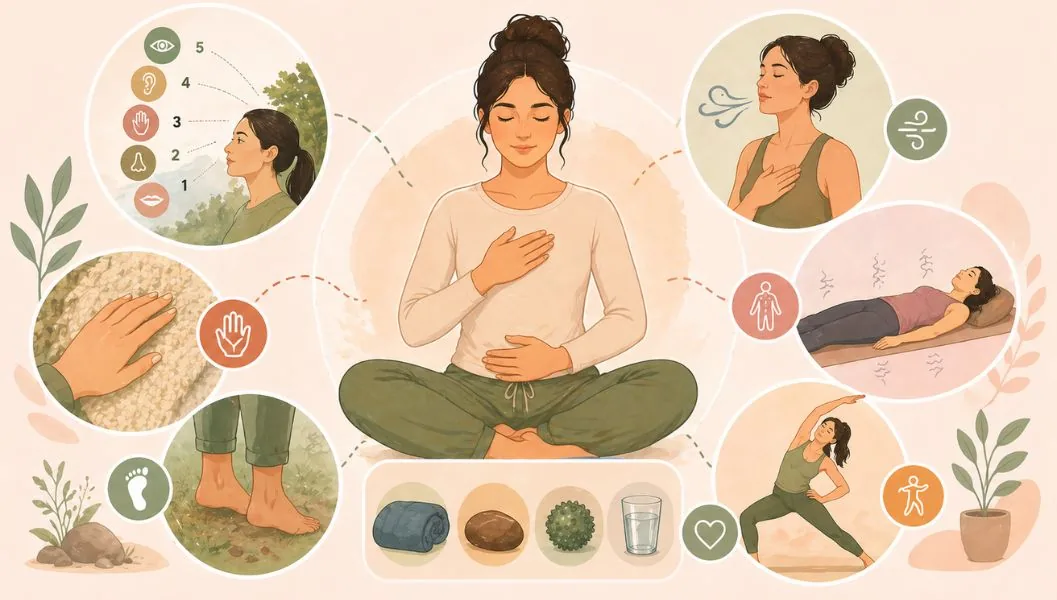 Calm illustration of a person seated with a hand on their heart, surrounded by gentle grounding and breathing practices