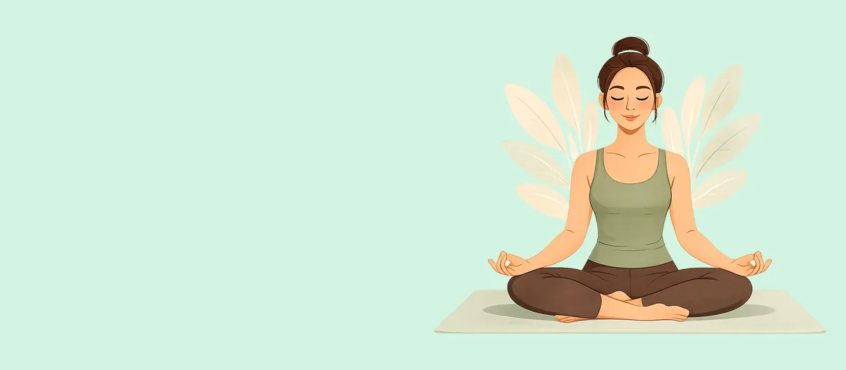 Person sitting cross-legged with eyes closed, breathing calmly against a soft green background
