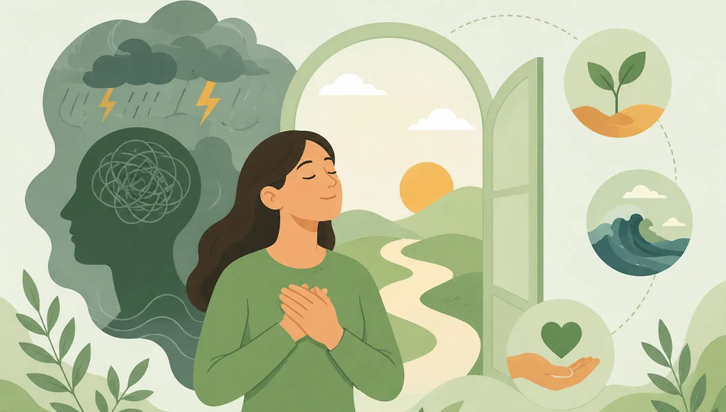 Calm woman with hands on her heart as a storm gives way to an open door onto a peaceful path