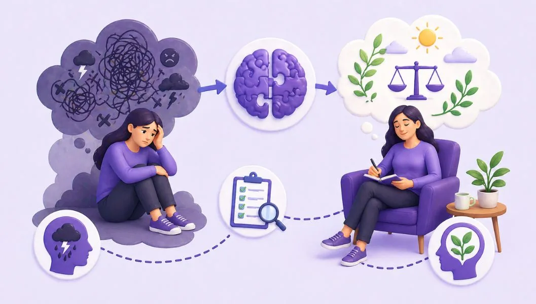 Illustration of negative tangled thoughts shifting into calm, balanced thinking during REBT therapy