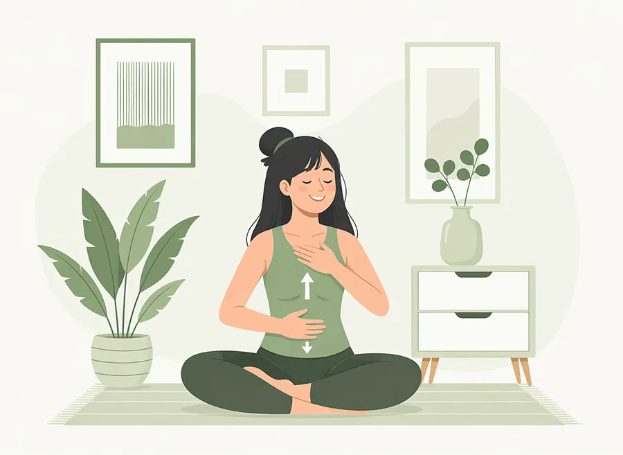 Calm woman sitting at home with a hand on her heart, steadying her thoughts and emotions