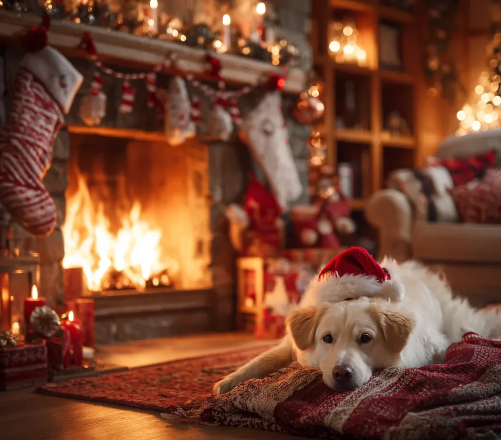Cozy living room with a warm fire glowing and a calm pet resting nearby on a cold winter evening