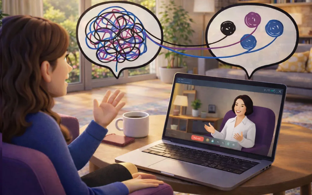 Illustration of a person in an online session as tangled thoughts become clearer and calmer.