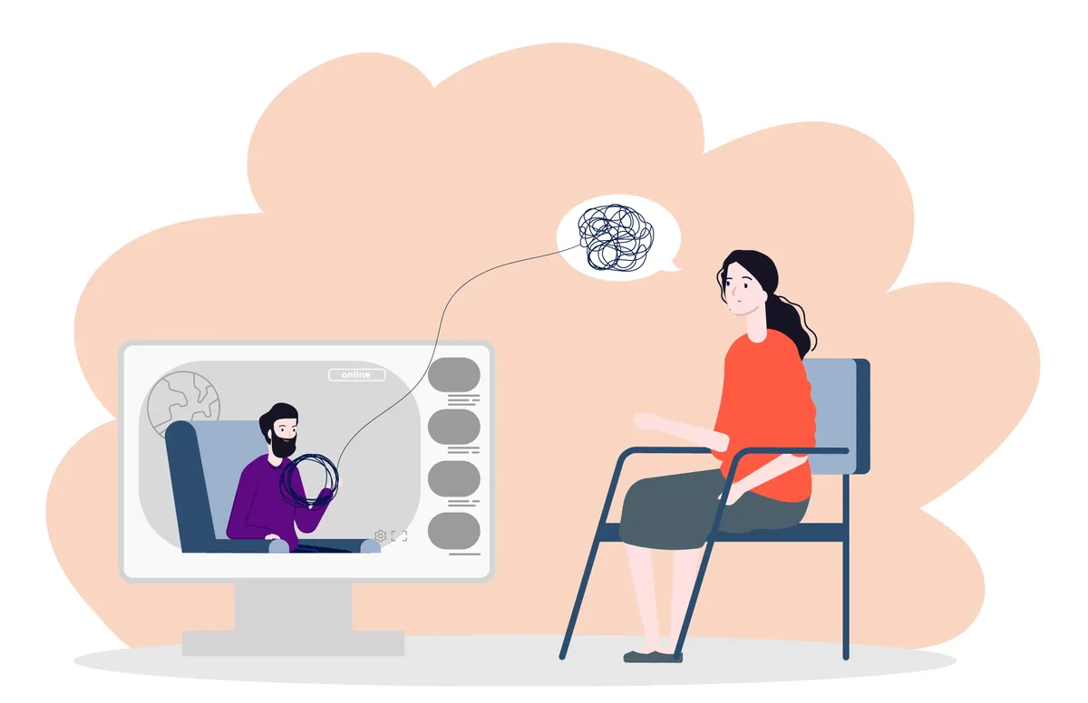 Illustration of a calm online therapy session, a therapist gently helping untangle a client's worried thoughts