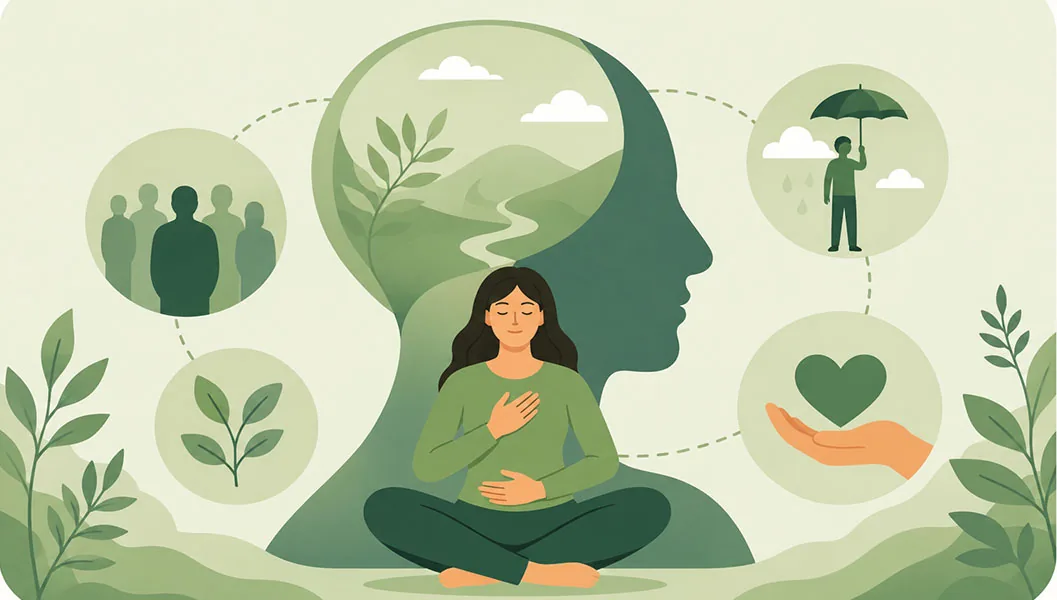 Flat illustration of a calm woman in a private virtual therapy session connecting with a counsellor on screen