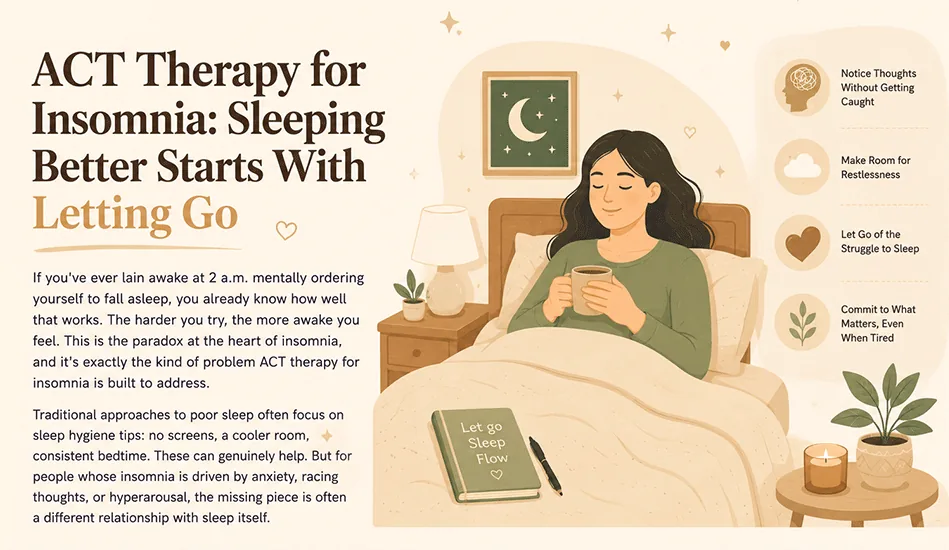 Calm illustration of a person resting peacefully in bed at night with a soft moon in the window
