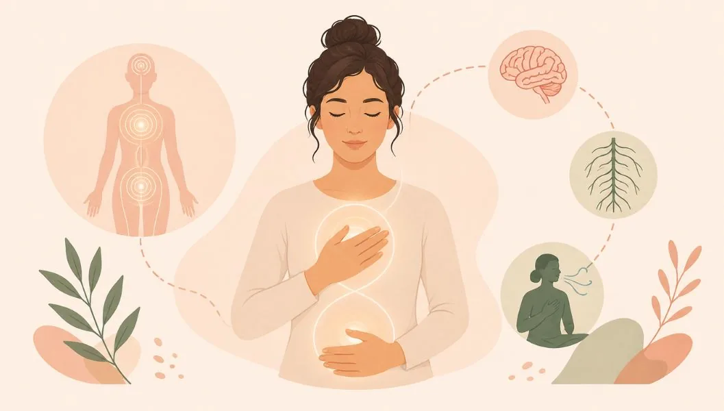 Calm illustrated woman with a hand on her heart, surrounded by icons for the six ACT core processes