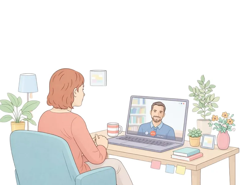Illustration of a person looking uncertain, weighing anxious thoughts against calmer ones.
