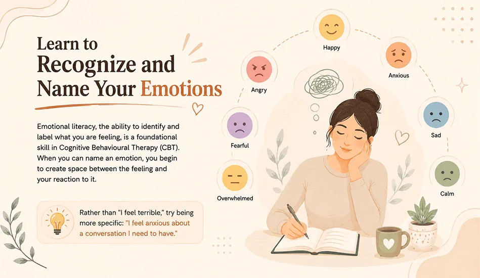 Calm woman writing in a journal at her desk beside soft icons of different emotions