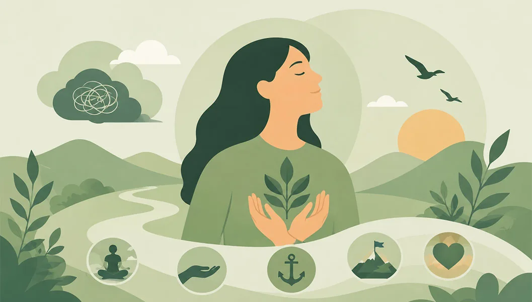 Illustration of a person in a calm online therapy session talking with a therapist.